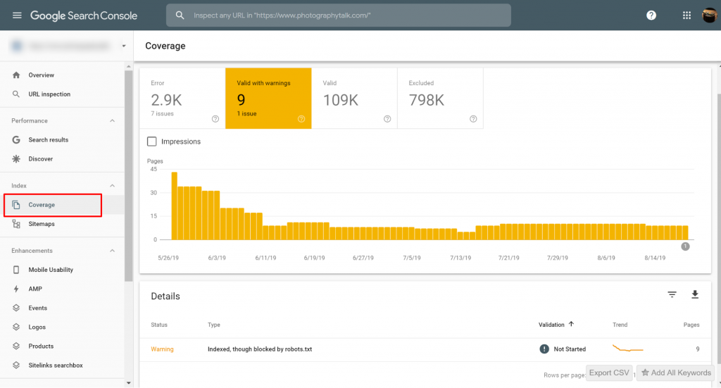  Google Search Console>>Coverage